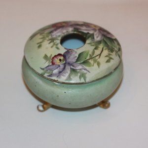 Vintage Porcelain Hair Receiver AUSTRIA Footed Purple Iris Hand Painted